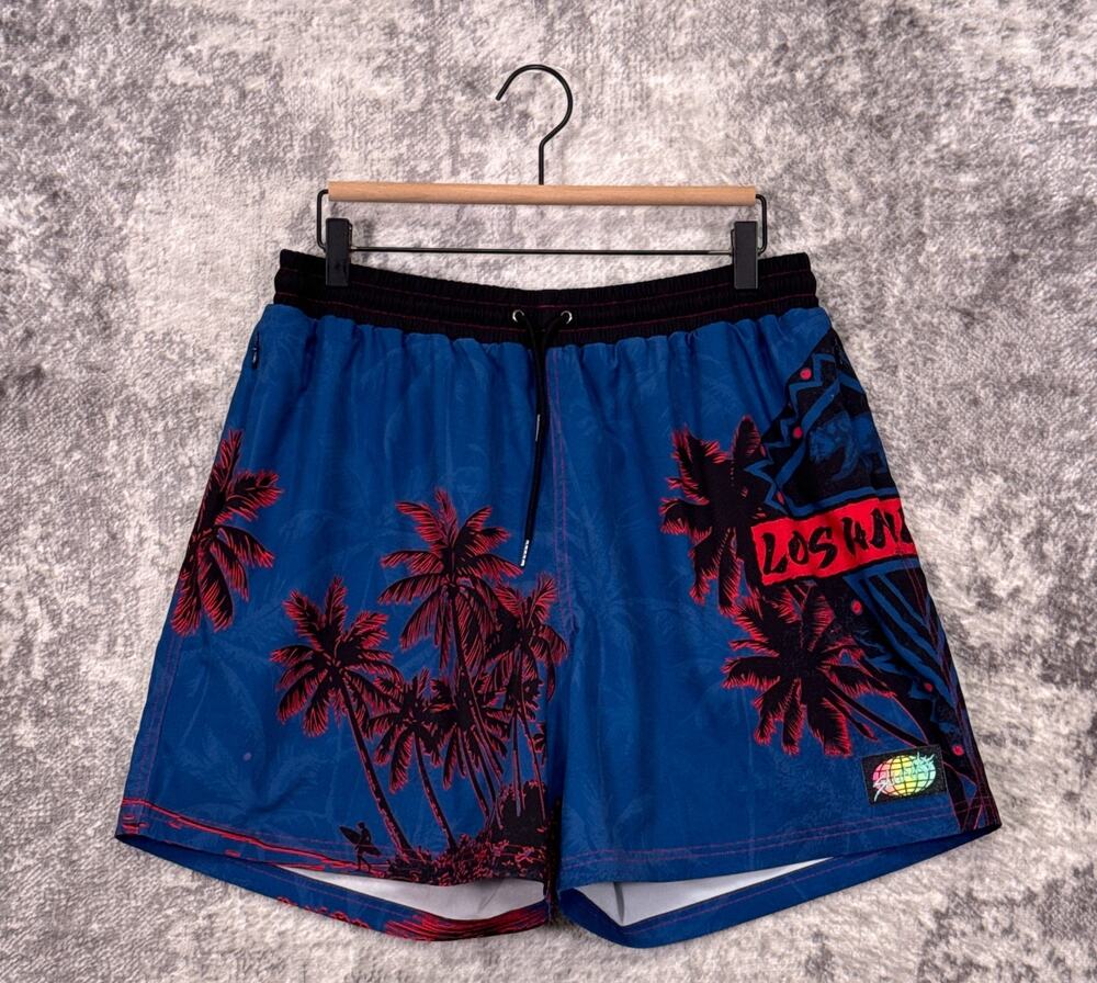 Slunks Shorts XL Mens Los Angeles Palm Tree Print 6" Swim Trunks Hybrid